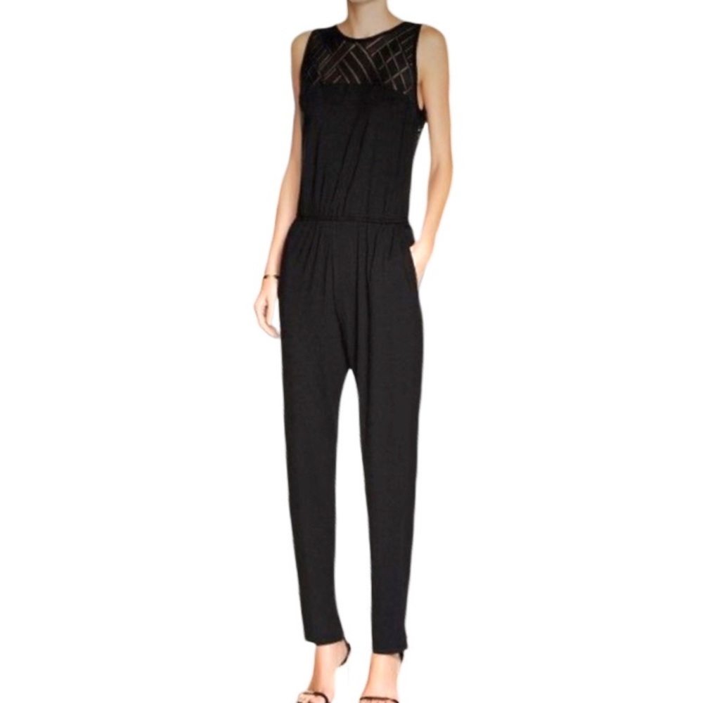 Three Dots Black Maureen Jumpsuit Sheer Deep V Back L